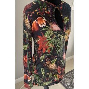 Desigual Sz M Faux Wrap Keyhole Long Sleeve Owl Fox Horse Dark Forest Bold Artsy